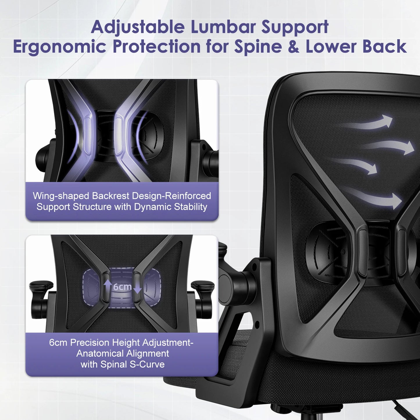 AUTHMIC Ergonomic Office Chair Mesh Back Lumbar Support Flip-Up Armrests Reclining Adjustable Height for Home Office Desk Work