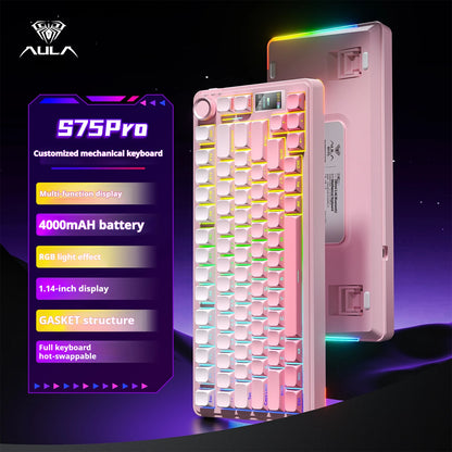 Teclado Mecânico AULA S75 PRO 75% Layout Personalizado Retroiluminação RGB Sem Fios Bluetooth Gaming com Ecrã e Botão Rotativo