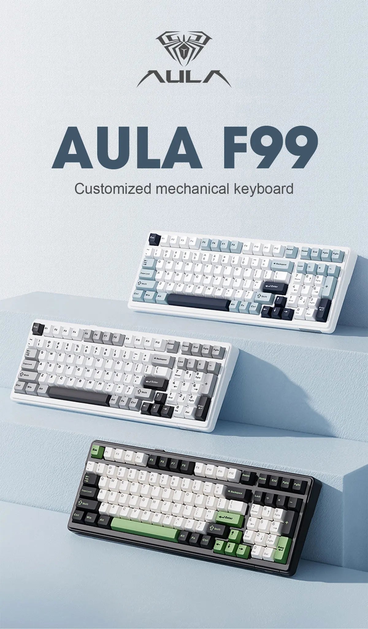 Teclado mecânico AULA F99 Bluetooth 5.0/2.4G sem fios/com fios, teclado gaming com montagem gasket, 99 teclas, personalizável