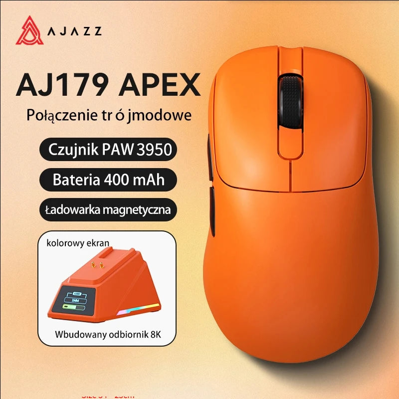 AJAZZ AJ179 APEX Gaming-Maus mit Dock mit Farbdisplay, magnetischem Laden, 8000Hz Hochfrequenz /, Tri-Mode (PAW3950), Rechtshänder