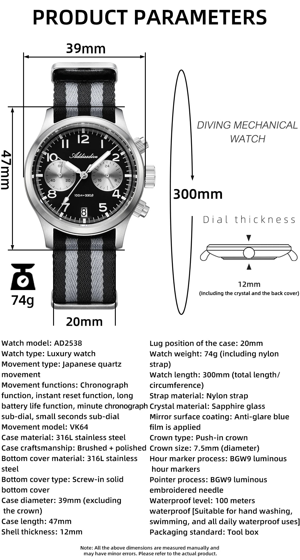 ADDIESDIVE 2025 Neue Panda Eye Herrenuhr, luxuriöse Retro-VK64-Quarzuhr für Herren, Sport-Chronograph, 100M wasserdicht, leuchtend