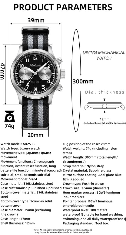 ADDIESDIVE 2025 Neue Panda Eye Herrenuhr, luxuriöse Retro-VK64-Quarzuhr für Herren, Sport-Chronograph, 100M wasserdicht, leuchtend