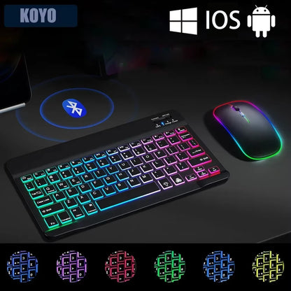 Mini teclado Bluetooth RGB retroiluminado de 10 polegadas com rato sem fios recarregável para espanhol, russo, hebraico, coreano, francês, árabe e português de Portugal