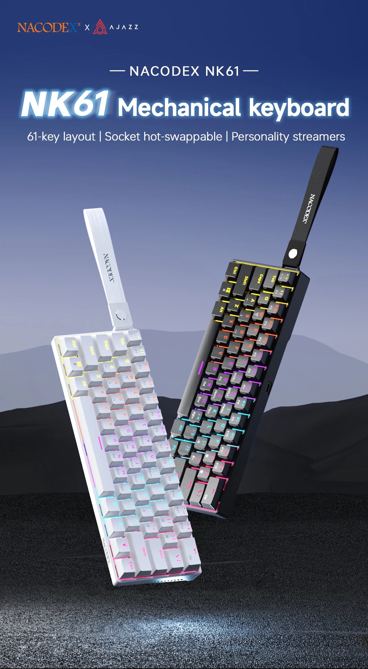 AJAZZ NK61 61-Key Wired Mechanical Keyboard with Hot-Swappable Red Switches, RGB Backlit Compact Gaming Keyboard for PC & Mac