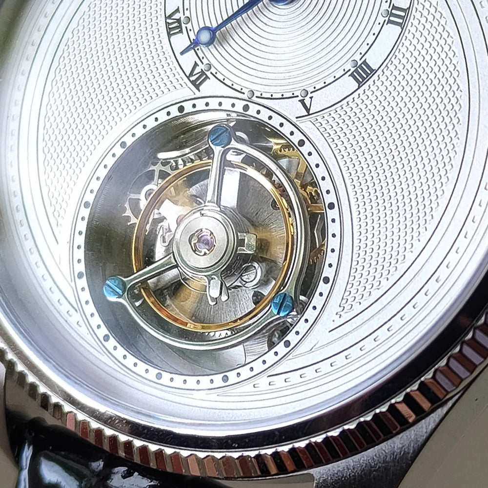 Time Essence Tourbillon Watch Classic Styling Leather Strap Sapphire Glass Hand Winding Luminous 28800