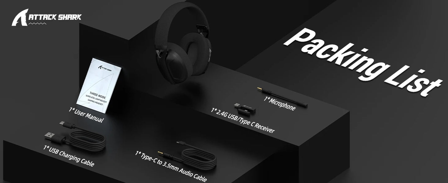 ATTACK SHARK L80 ultraleichtes 180g Gaming-Headset – kabellos im Tri-Mode (Bluetooth 5.3 / 2.4G / kabelgebunden), 5.1 Surround Sound, 40mm-Treiber, absteckbares Mikrofon