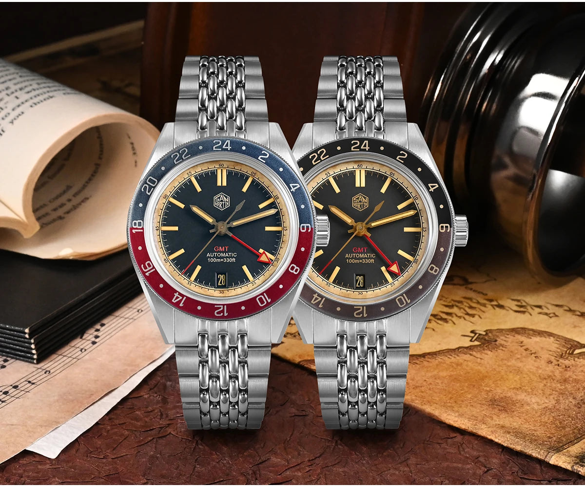 Orologio da uomo automatico San Martin 39.5mm Limited Edition con quadrante Full Lume, NH34 GMT, data a ore 6, 10Bar, Kol Saati di lusso SN0116W