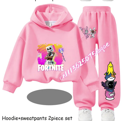 Sweats com Capuz Infantis Estampadas Fortnite, Conjunto Cartoon Confortável de 2 Peças, Tops Largos de Manga Comprida com Calças, Roupa de Outono/Inverno, Presente