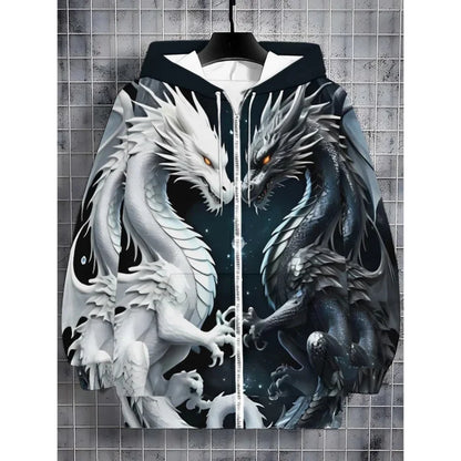 Herren-Hoodie mit Drachenprint und Reißverschluss, Kordelzug, langen Ärmeln, Oversize-Passform, für Outdoor-Aktivitäten und Reisen, Herbst/Winter