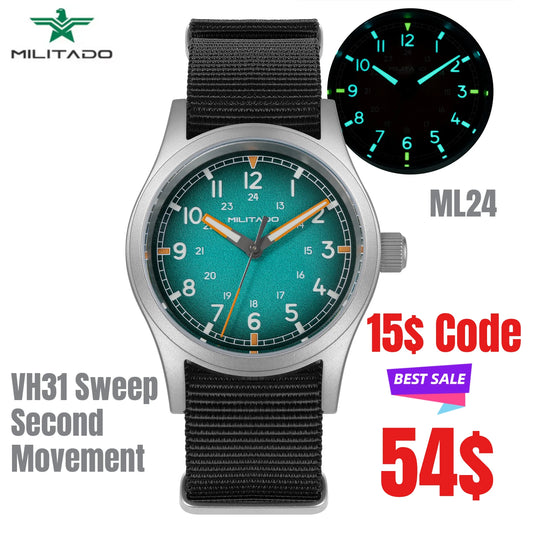 ML24 Field Watch Mens 38mm Vintage Military Style VH31 Sweep Quartz Domed Sapphire Super C3 Lume 316L Steel 100M
