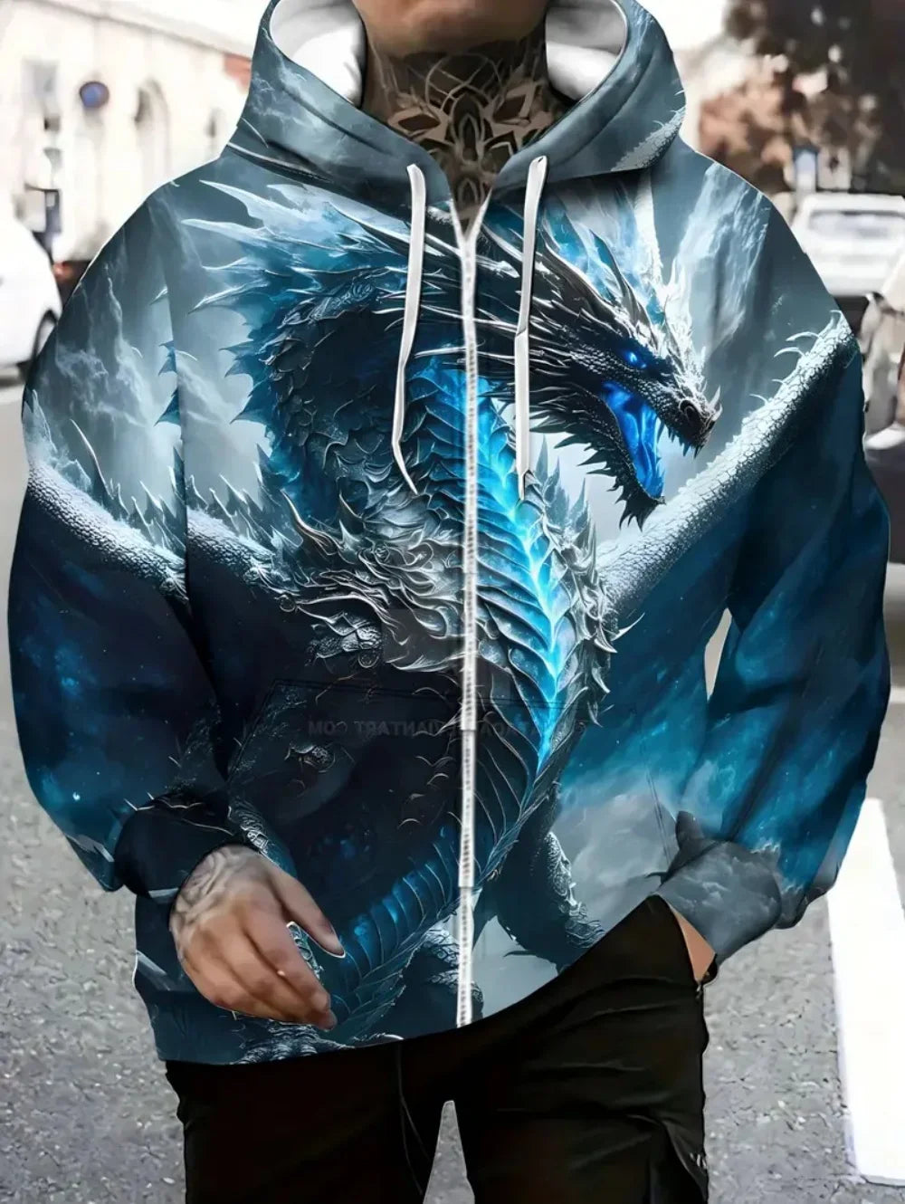 Herren-Hoodie mit Drachenprint und Reißverschluss, Kordelzug, langen Ärmeln, Oversize-Passform, für Outdoor-Aktivitäten und Reisen, Herbst/Winter