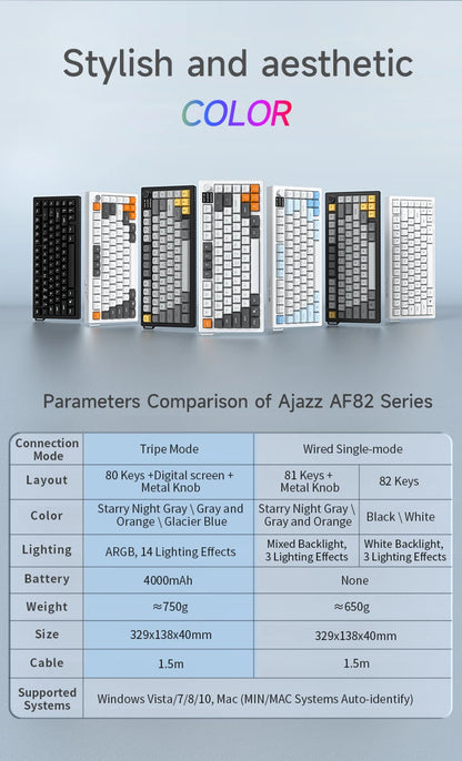 Teclado AJAZZ AF82 Office Low Profile RGB com fios/sem fios para gaming, layout 75%, 82 teclas, bateria de 4000mAh para Win/Mac