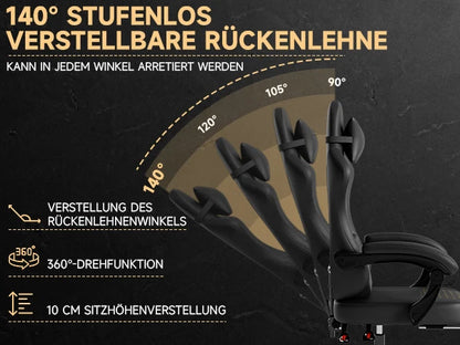 PINGGO Ergonomischer Gaming-Stuhl mit Fußstütze und Massagefunktion, PVC-Leder-Bürostuhl für PC-Gaming, Belastbarkeit 150kg