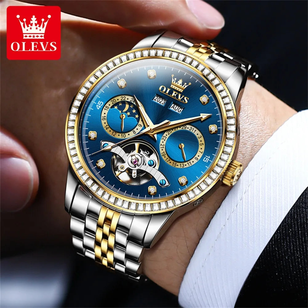 OLEVS 7016 Luxury Automatic Watch Men Skeleton Tourbillon Moon Phase Calendar Waterproof Stainless Steel Mechanical Wristwatch