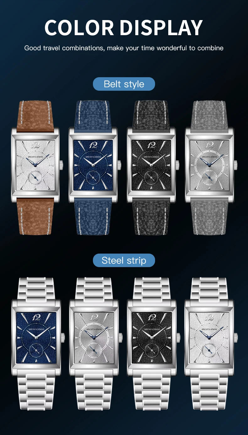 2026 Specht&Söhne Ultra Thin 7.5mm Rectangular Watch Japan Quartz Movement Small Seconds Sandblasted Dial Grey Leather Strap Watch