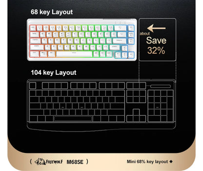 Teclado FREEWOLF M68SE com sensação mecânica, 68 teclas, mini teclado compacto com fios, silencioso, para portáteis, gaming e utilização em escritório