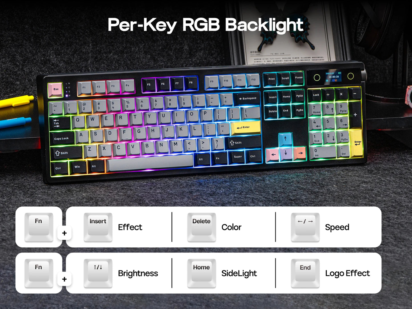 Teclado Mecânico EPOMAKER TH108 PRO 100% Full-Size Hot-Swap com Fio/BT/2.4Ghz sem Fios, Ecrã, Botão Rotativo e Bateria de 10000mAh