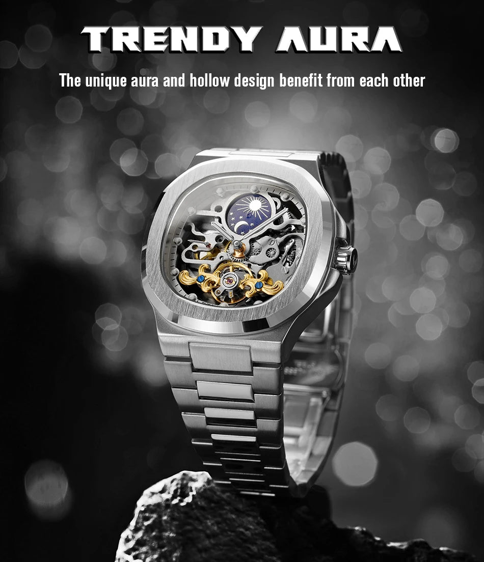 2026 High-end Luxury SKROX Square Man Watch Sapphire Stainless Steel Skeleton Moon Phase Classic Automatic Movement Male Watches
