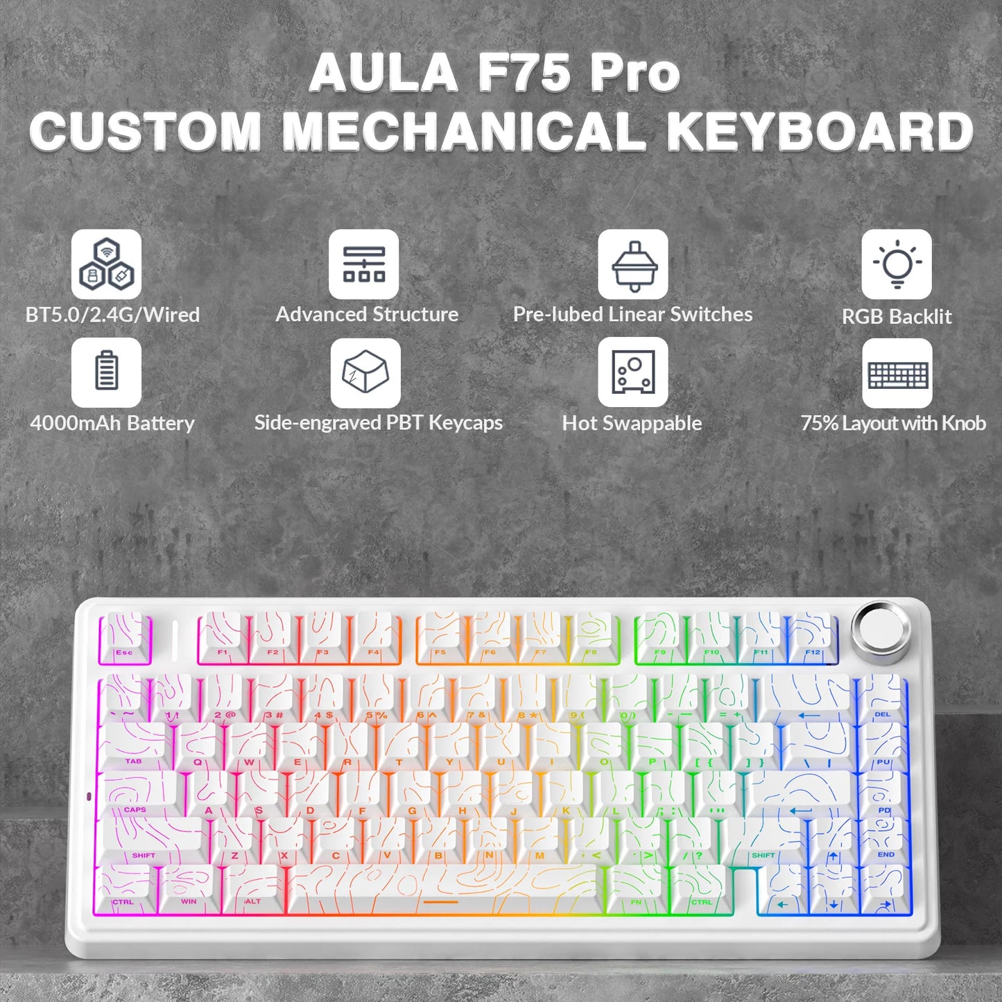 AULA F75 Pro Teclado mecánico gaming inalámbrico con montaje gasket, RGB personalizable, distribución 75% y teclas PBT con grabado lateral