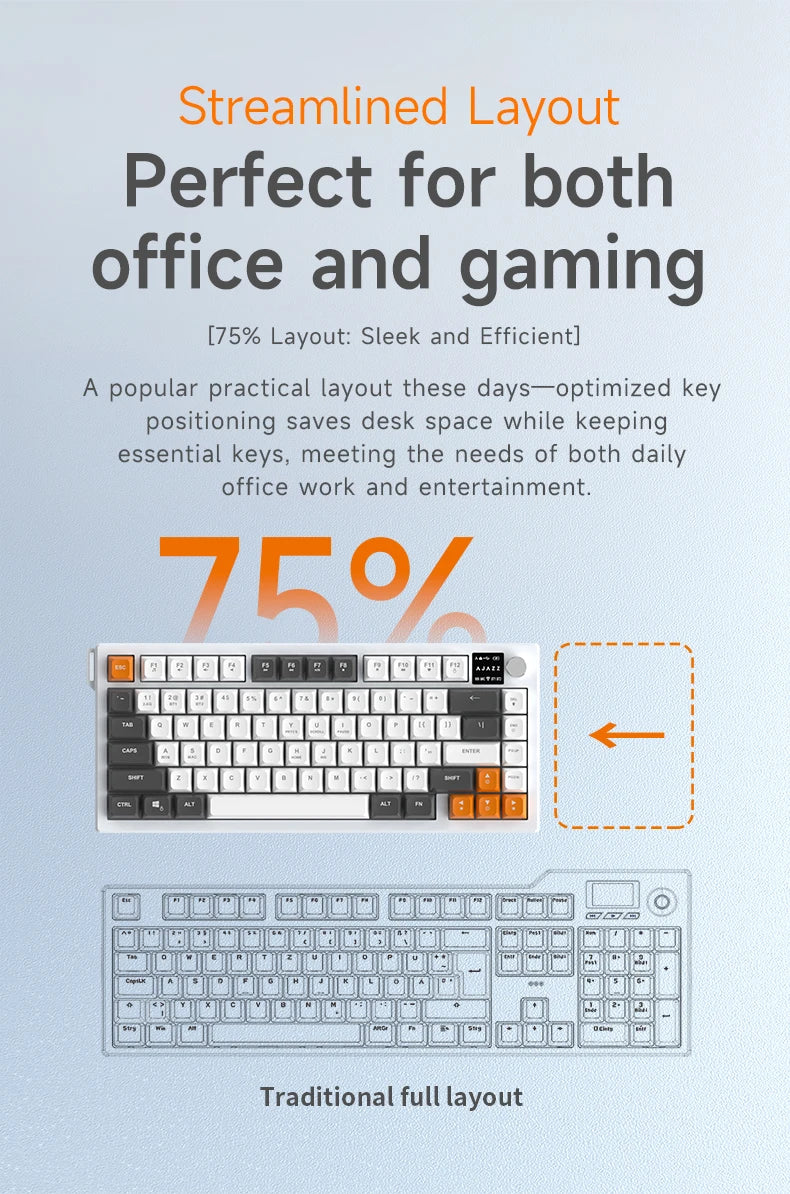 Teclado AJAZZ AF82 Office Low Profile RGB com fios/sem fios para gaming, layout 75%, 82 teclas, bateria de 4000mAh para Win/Mac