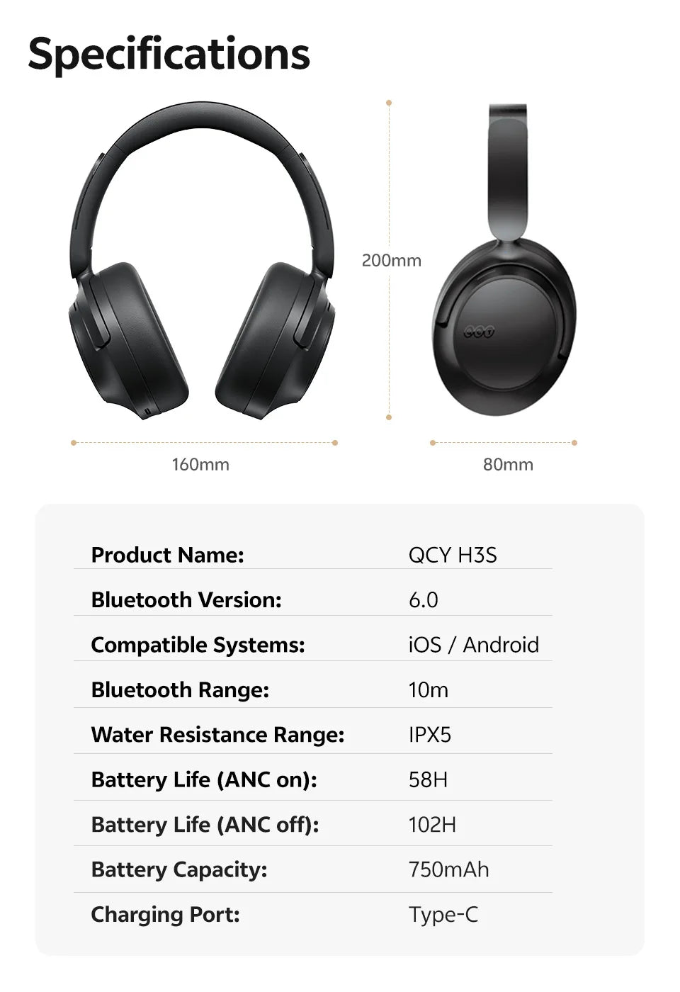 Cuffie over-ear QCY H3S ANC Bluetooth 6.0 – Hi-Res LDAC Spatial Audio, cancellazione adattiva del rumore -56dB, headset wireless