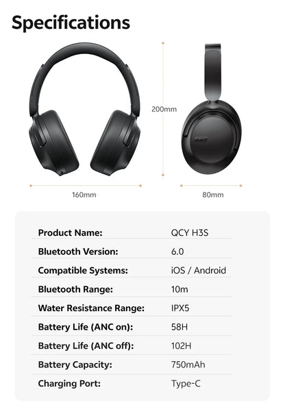 Cuffie over-ear QCY H3S ANC Bluetooth 6.0 – Hi-Res LDAC Spatial Audio, cancellazione adattiva del rumore -56dB, headset wireless