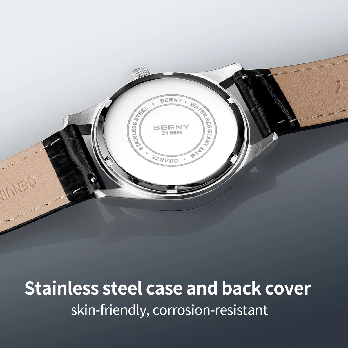 BERNY Men's Watch Date Weeks Moon Phase Quartz Watches for Men Stainless Steel Leather Strap Business Wristwatch Male Clock