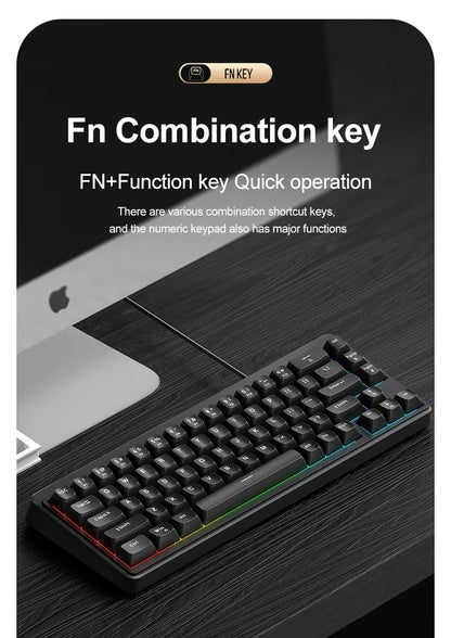 Teclado FREEWOLF M68SE com sensação mecânica, 68 teclas, mini teclado compacto com fios, silencioso, para portáteis, gaming e utilização em escritório