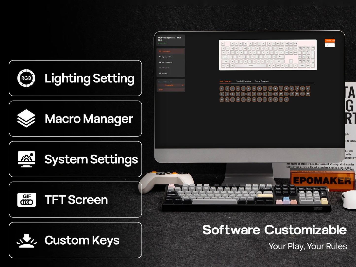Teclado Mecânico EPOMAKER TH108 PRO 100% Full-Size Hot-Swap com Fio/BT/2.4Ghz sem Fios, Ecrã, Botão Rotativo e Bateria de 10000mAh