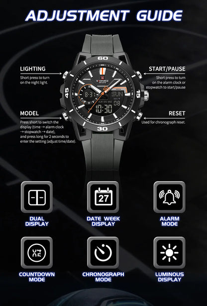 NAVIFORCE Men's Watch Dual Display 50M Waterproof Countdown Chronograph Alarm Clock Male Fashionable Sports Wristwatch NF7135