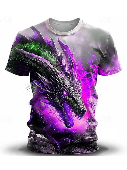 2024 zomer streetstyle heren-T-shirt, urban everyday casual top met korte mouwen, 3D-drakenprint, outdoor heren-T-shirt