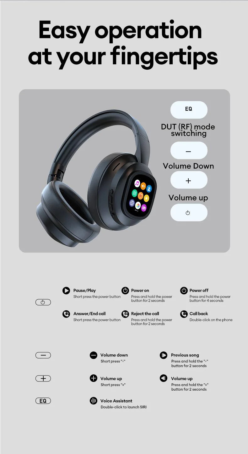 KI-LCD-Touchscreen kabellose Bluetooth-Kopfhörer – ANC-Geräuschunterdrückung, tiefer Bass, Gaming-Headset mit HD-Mikrofon