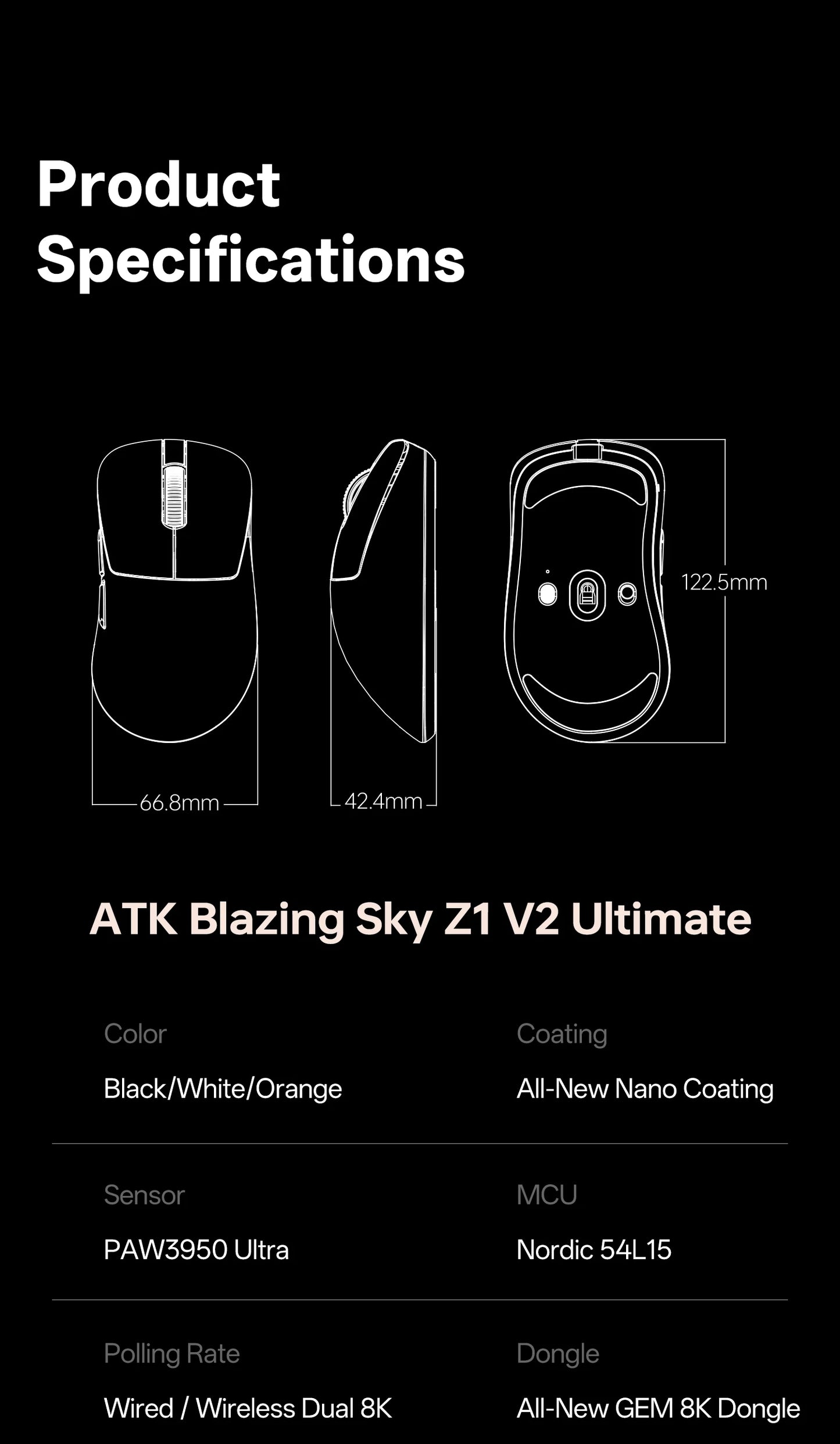 ATK Blazing Sky Z1 V2 Ultimate bezdrátová myš PAW3950 Ultra Dual 8K herní myš ergonomická, vlastní vývoj, pro střední až velkou ruku