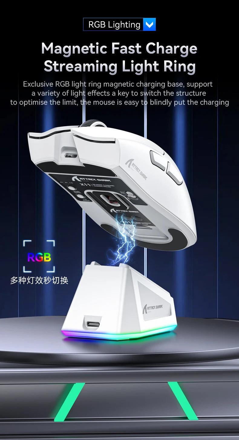 Attack Shark X11&R1 Tri Mode Bluetooth Wireless Mouse With Charger Base RGB Ergonomics Mice Lightweight PC Gamer Accessories