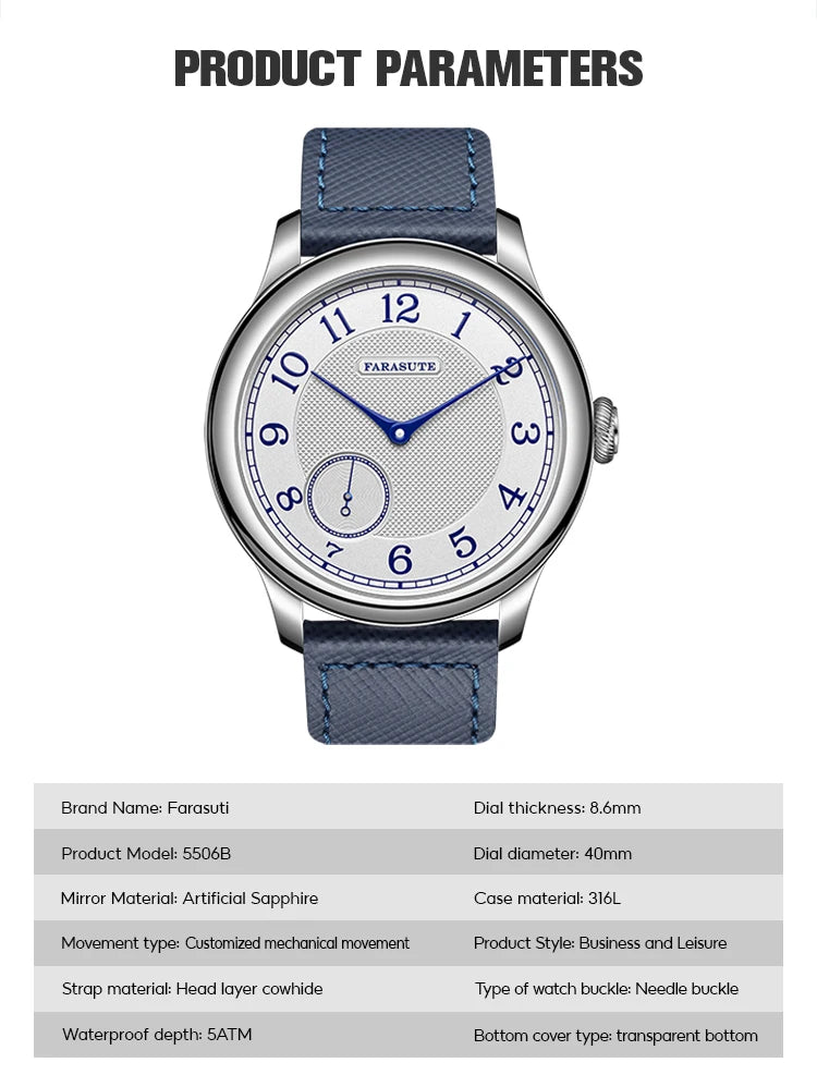 Orologio da uomo FARASUTE NEW Machinery con quadrante salmone, movimento meccanico manuale ST17, piccoli secondi e bracciale vintage Bonklip