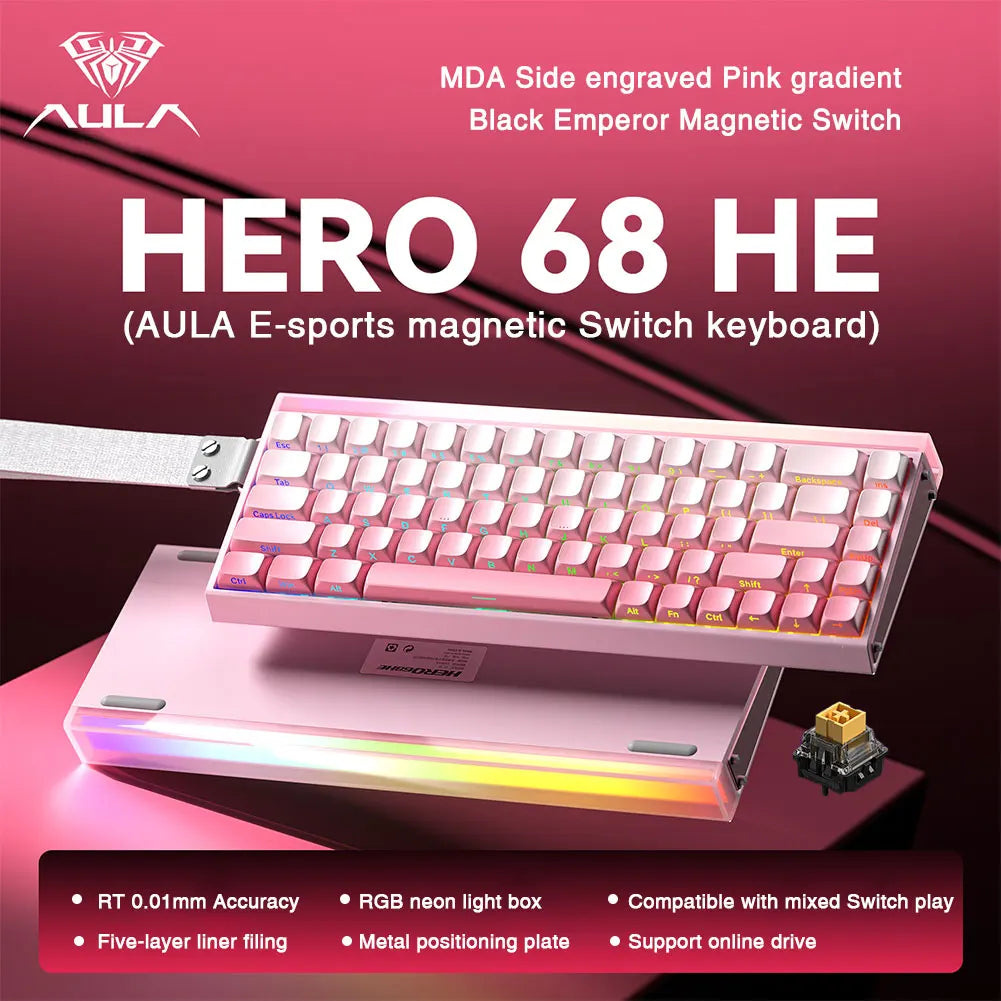 Teclado mecânico gaming com fios AULA HERO68 HE, switches magnéticos, Rapid Trigger, taxa de polling 8K, RGB, para esports