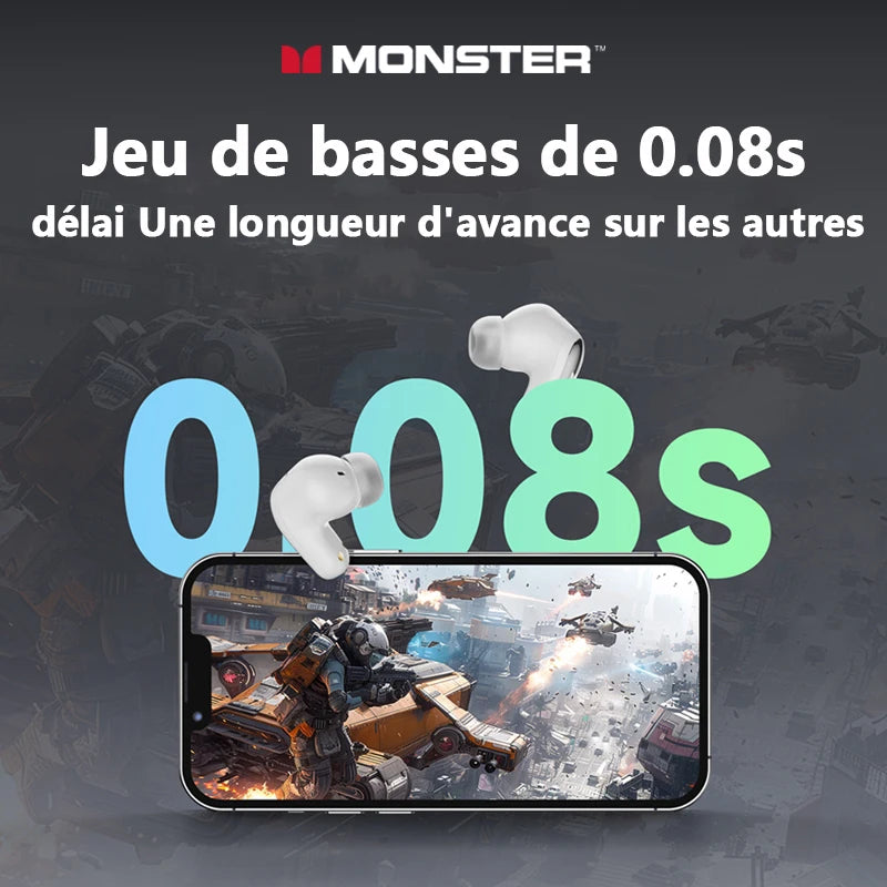 Monster MQT52 kabellose Bluetooth 5.4-Ohrhörer mit langer Akkulaufzeit, Gaming-Kopfhörer im Dual-Modus, Hi-Fi-Stereoklang-Headset mit Mikrofon