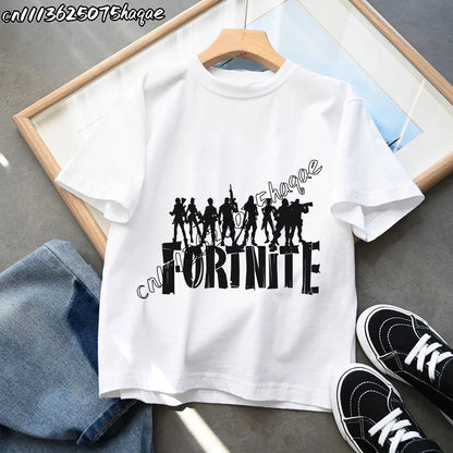 T-shirts Infantis Fortnite Novidade de Verão, T-shirt com Figura de Desenho Animado, Estampado Gráfico, Casual e Desportivo, Manga Curta, Tops Desportivos para Criança, Roupa para Rapazes