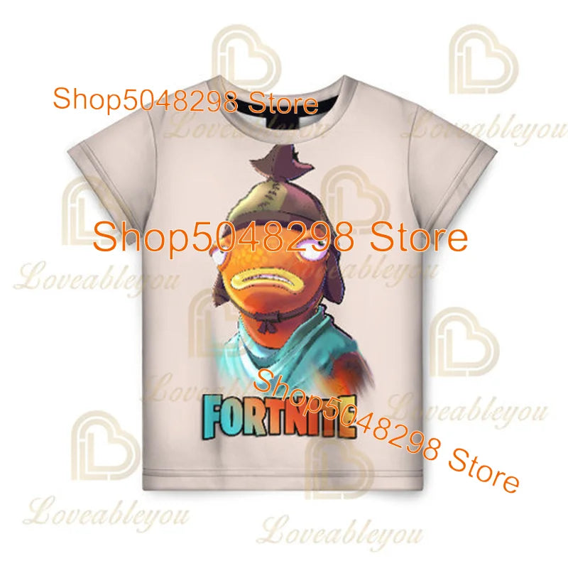 T-shirt infantil de verão Cartoon Fortnite com impressão 3D, para meninos e meninas, estilo streetwear, roupa para adultos e crianças, t-shirt divertida com gola redonda