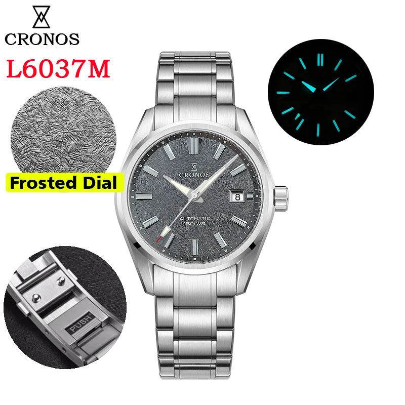 Cronos Men's Watch 39mm Automatic Wristwatch White Dial Solid Links Sapphire 10 ATM L6037M