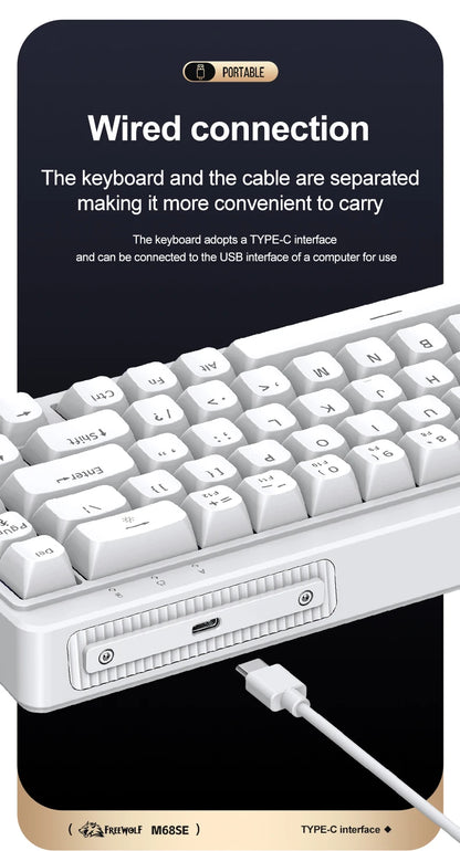 Teclado FREEWOLF M68SE com sensação mecânica, 68 teclas, mini teclado compacto com fios, silencioso, para portáteis, gaming e utilização em escritório