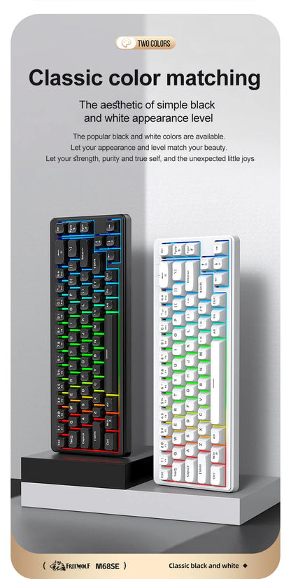 Teclado FREEWOLF M68SE com sensação mecânica, 68 teclas, mini teclado compacto com fios, silencioso, para portáteis, gaming e utilização em escritório