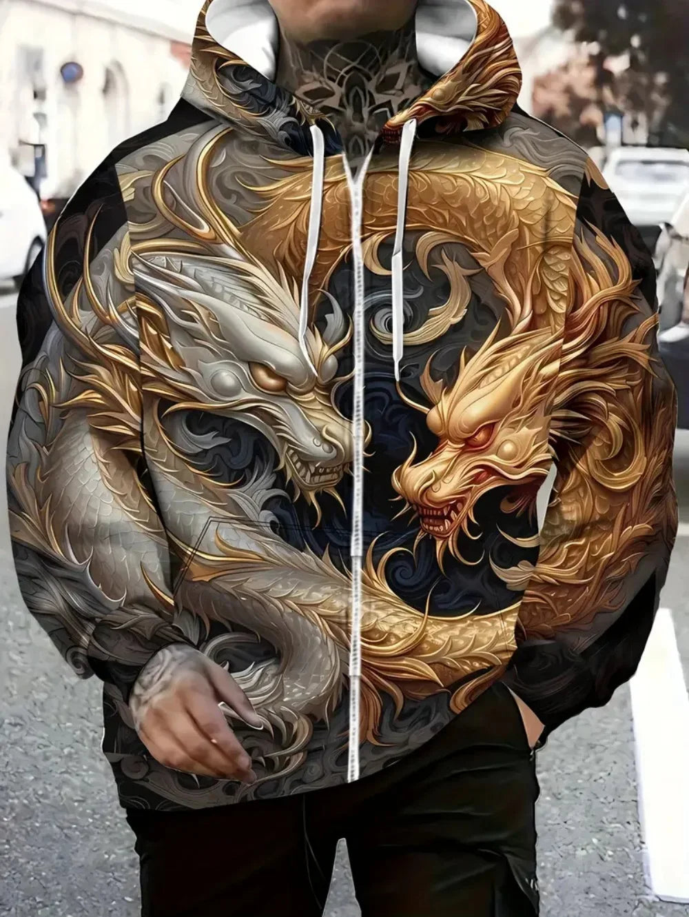 Herren-Hoodie mit Drachenprint und Reißverschluss, Kordelzug, langen Ärmeln, Oversize-Passform, für Outdoor-Aktivitäten und Reisen, Herbst/Winter