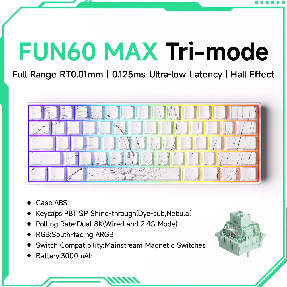 Teclado Mecânico Akko MonsGeek FUN60 com Switch Magnético, 60%, Teclado Gaming, Rapid Trigger 0.01mm, 8K, ARGB, HE/TMR, Teclado Personalizado