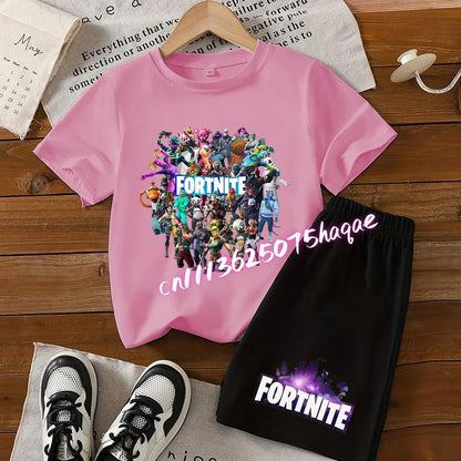 Angesagtes Fortnite-Kinder-Set mit T-Shirt und Shorts, Cartoon-Figur-Print, Sommer-Freizeit-Sportbekleidung für Jungen