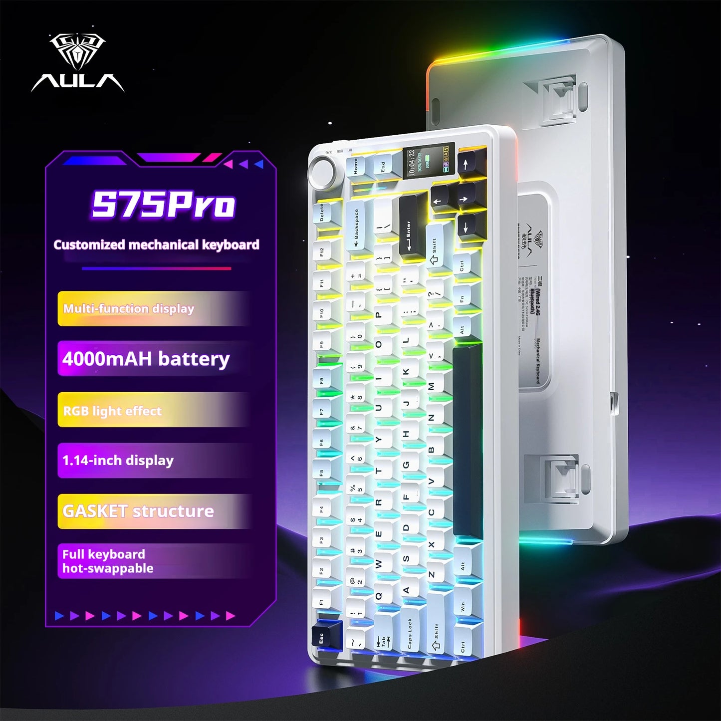 Teclado Mecânico AULA S75 PRO 75% Layout Personalizado Retroiluminação RGB Sem Fios Bluetooth Gaming com Ecrã e Botão Rotativo