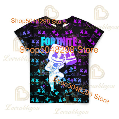T-shirt infantil de verão Cartoon Fortnite com impressão 3D, para meninos e meninas, estilo streetwear, roupa para adultos e crianças, t-shirt divertida com gola redonda