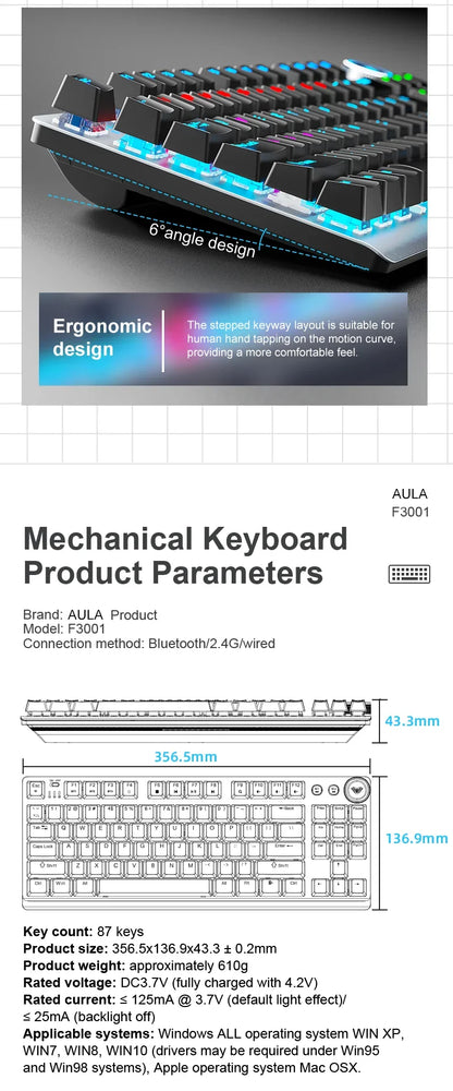 AULA F3001 Mechanical Keyboard Bluetooth Wireless Three Mode Metal Panel Two-color Injection Molding Cool Backlight Effect 87 Key