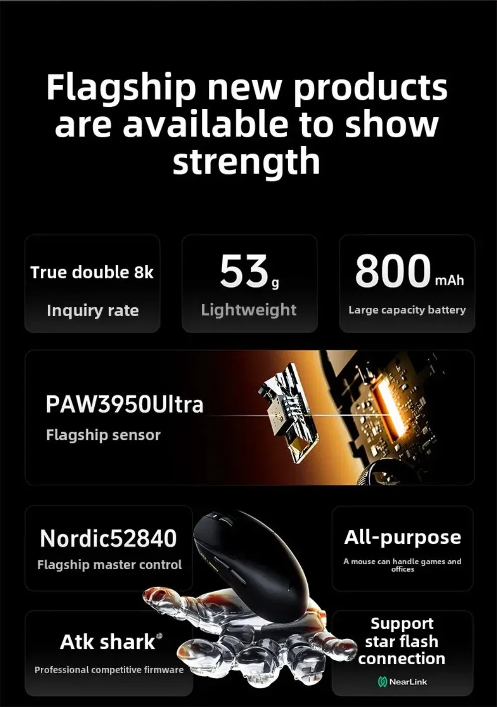 Rato Gaming Bluetooth Sem Fios ATK Dragonfly A9, Design Ergonómico, Resposta Rápida, PAW3950 Ultra, 800mAh, Leve, 8KHz, eSports