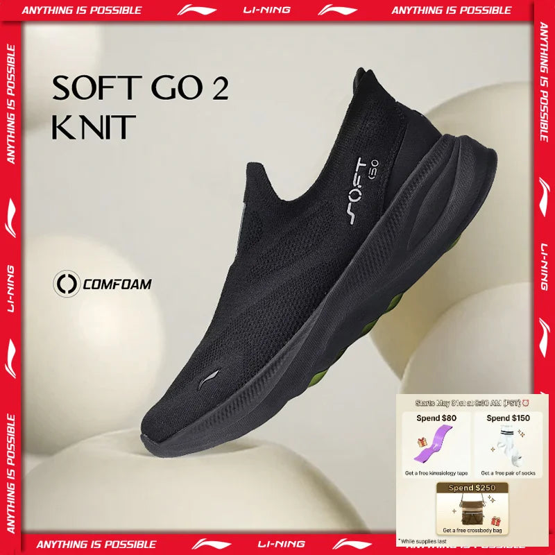 Li-Ning férfi SOFT GO 2 KNIT belebújós, casual gyaloglócipő, párnázott, kényelmes és stabil LiNing hálós jogging és mindennapi sport sneakers AGLV017